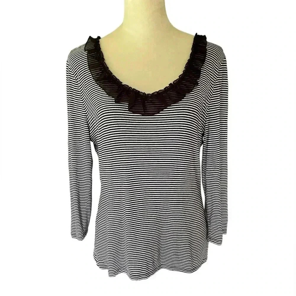 White House Black Market Stripe‎ Ruffle Collared 3/4 Sleeves Women Top Size L